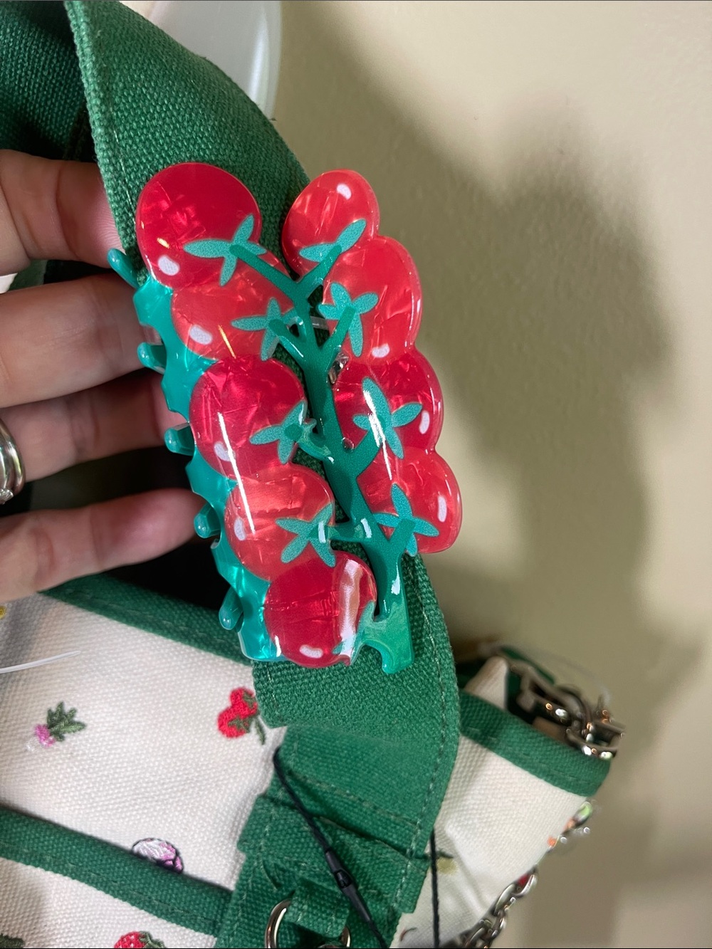 Madden Girl Green and Cream Crossbody Tote with Red Pom Pom - many extras! - Picture 6 of 16